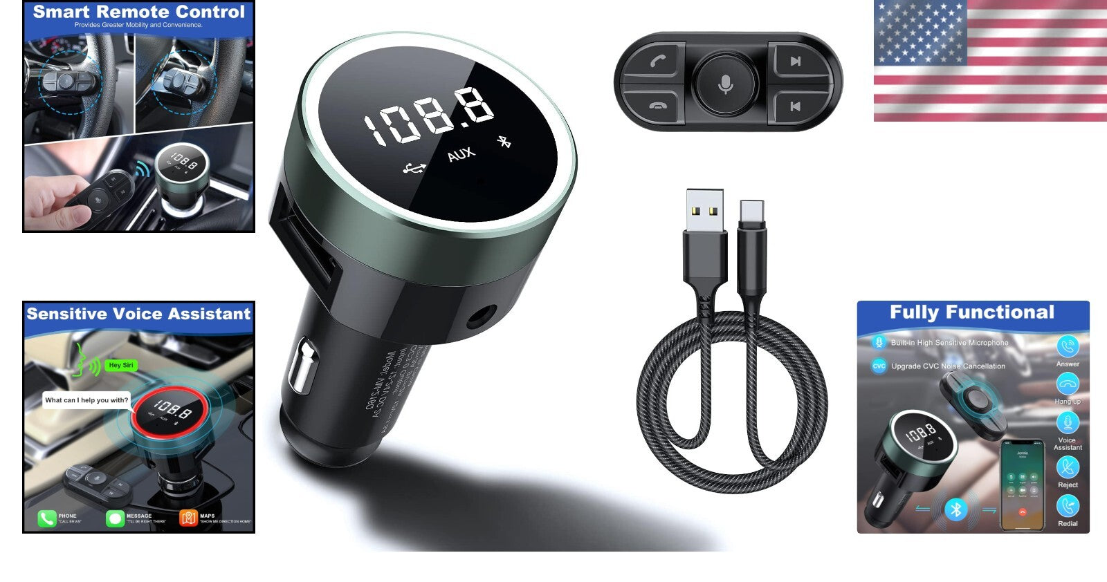 Bluetooth Car Adapter with Remote & Dual USB Charger - Hands-Free FM Transmitter