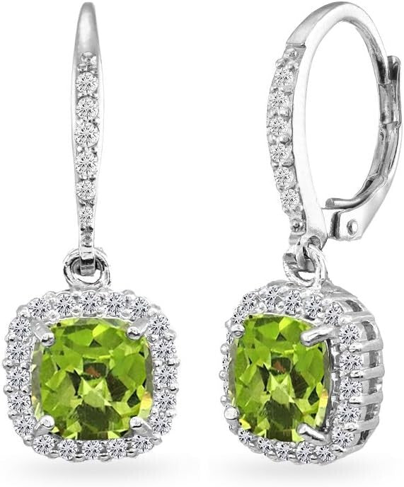 Sterling Silver Drop Earrings with Colorful Cushion-Cut Gemstones & Halo Accents