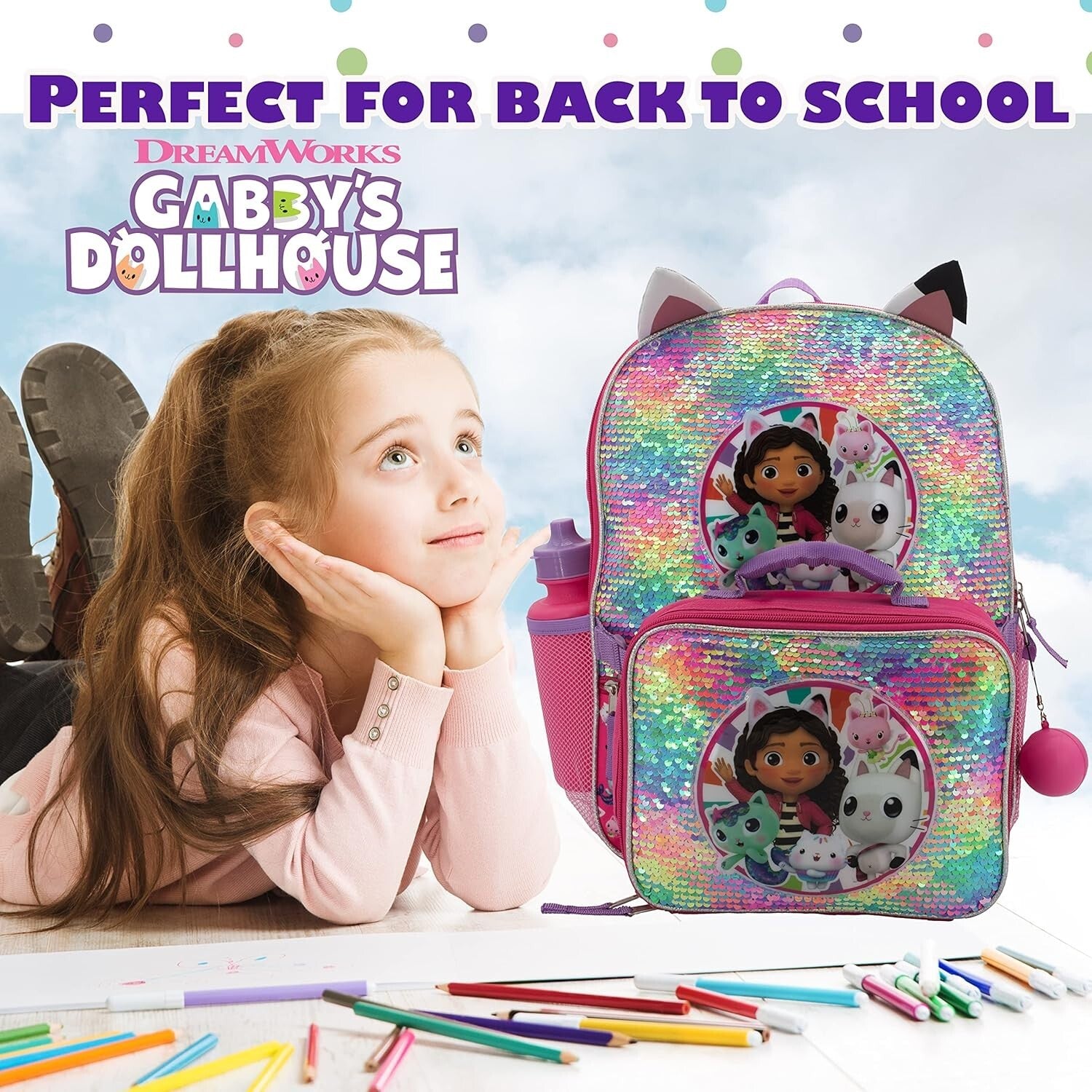 Durable 16" Gabby’s Dollhouse Sequin Backpack Set - Perfect for School Travel