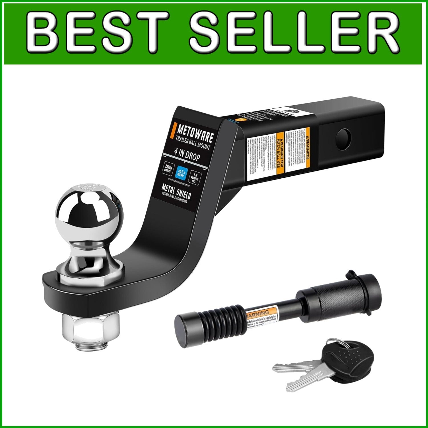 Easy-Install 4-Inch Drop Hitch with Attached 2-Inch Ball & Lock - Black Finish