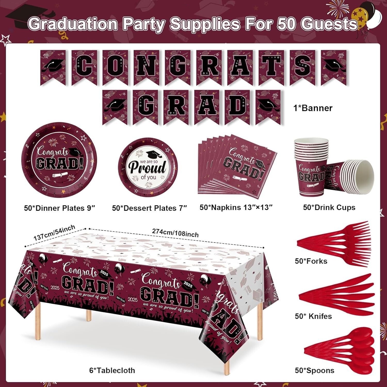 Elegant Maroon Graduation Dinnerware Set for Up to 50 Guests - Class of 2025
