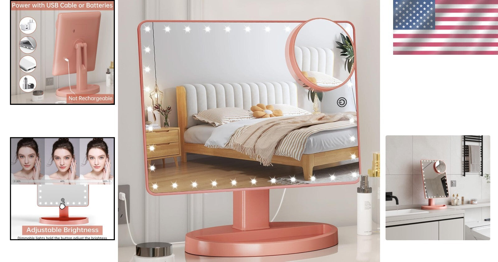 Large Lighted Makeup Mirror with 10X Magnification & 360° Rotation in Rose Gold