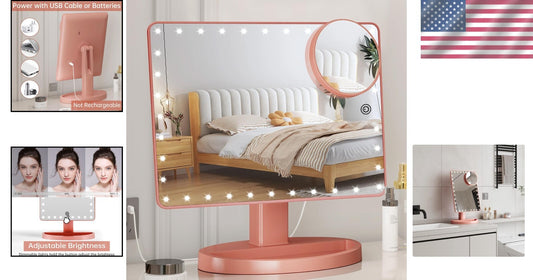 Large Lighted Makeup Mirror with 10X Magnification & 360° Rotation in Rose Gold