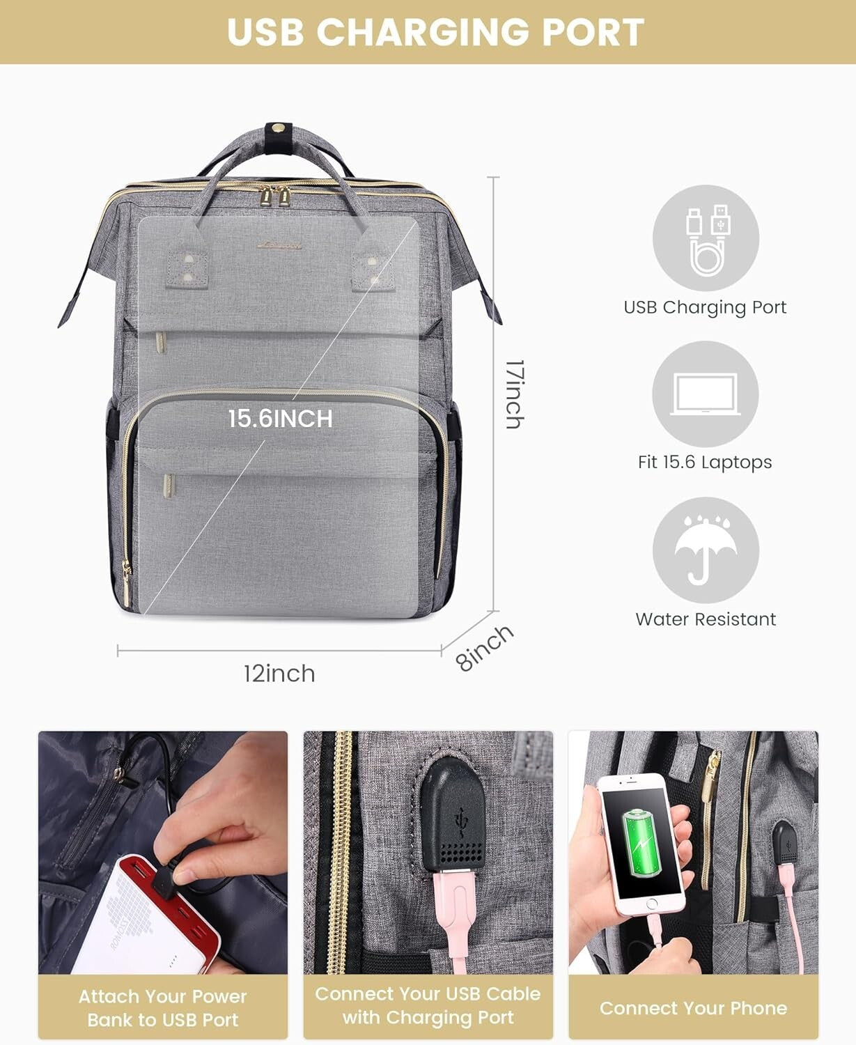 Elegant Water-Resistant Travel Backpack for Women - Laptop Compartment & Charger