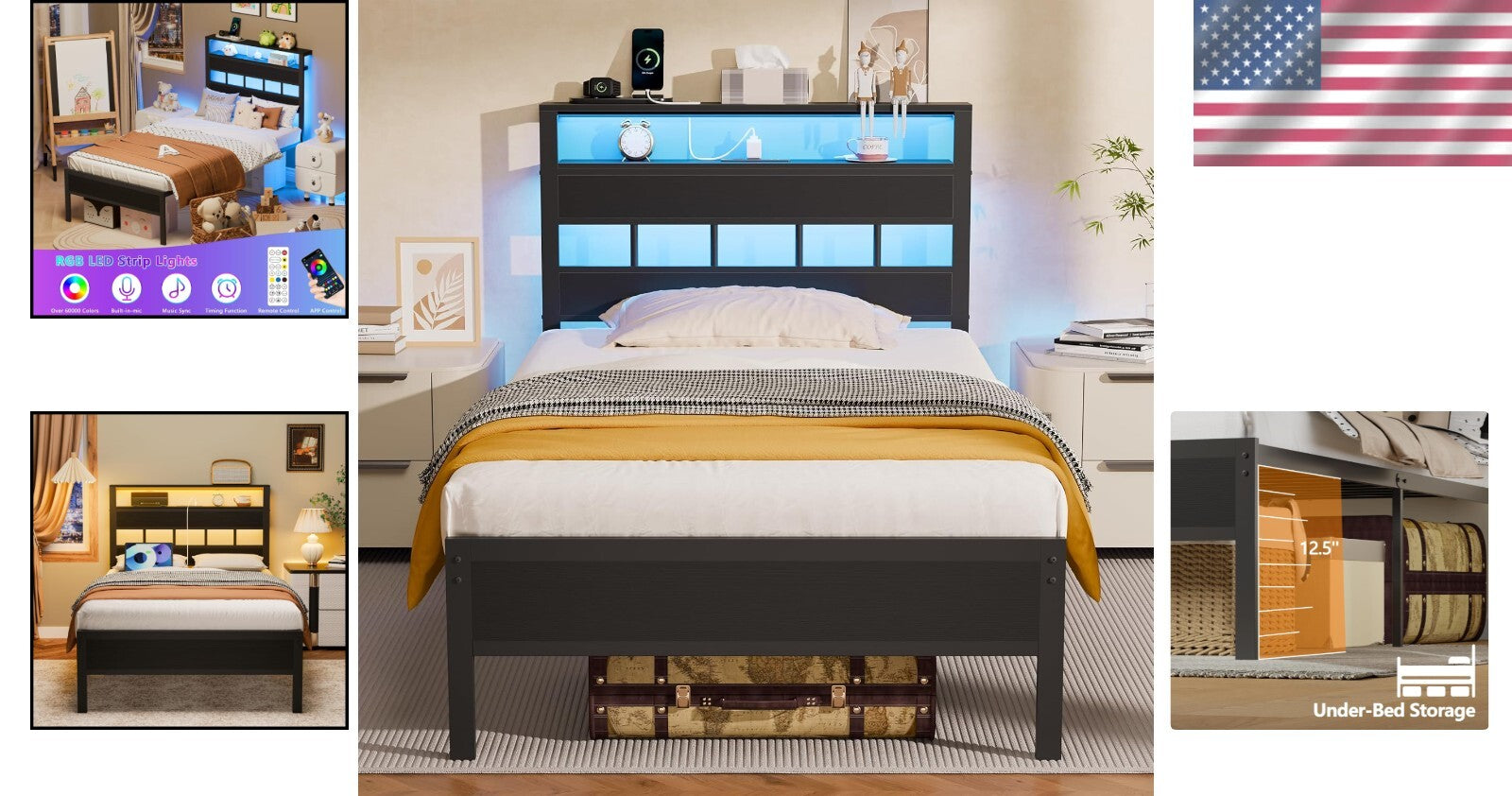 Durable Twin Bed Frame with USB Charging Station & Under-Bed Storage Solutions