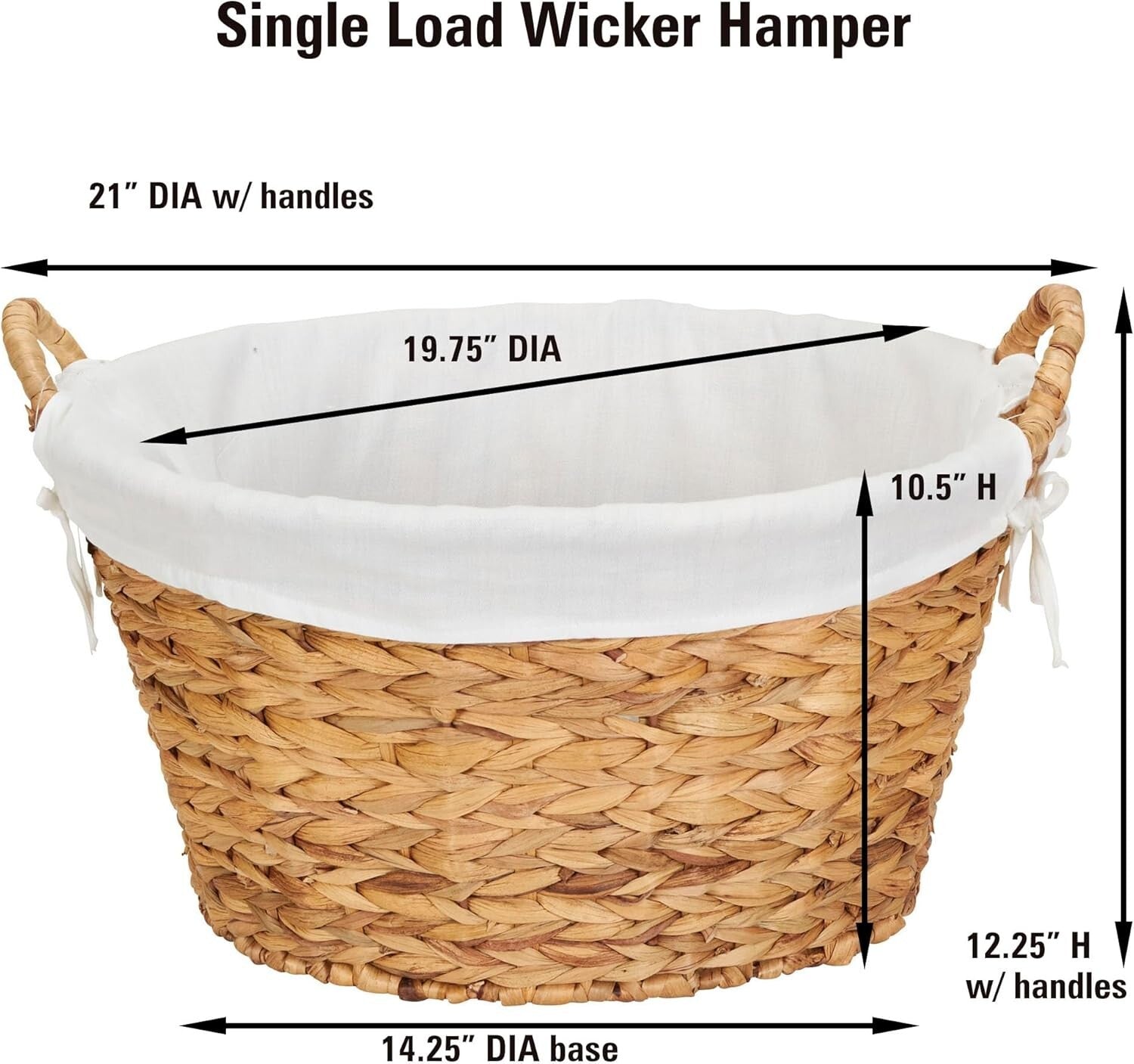 Elegant Large Round Wicker Laundry Basket with Liner, Natural Water Hyacinth