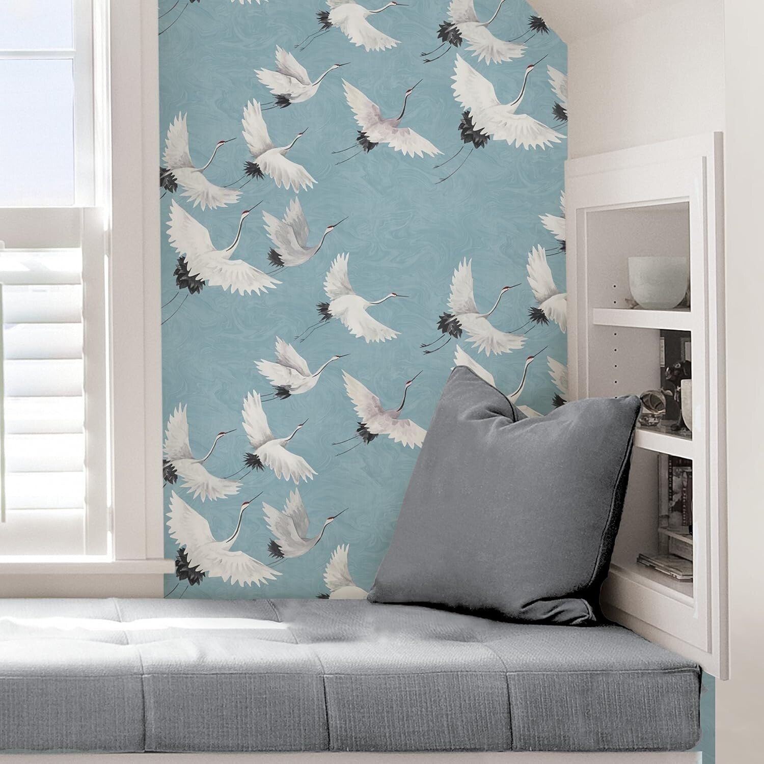 Elegant Halcyon Blue Peel & Stick Wallpaper with Crane Design - 20.5'' x 216''