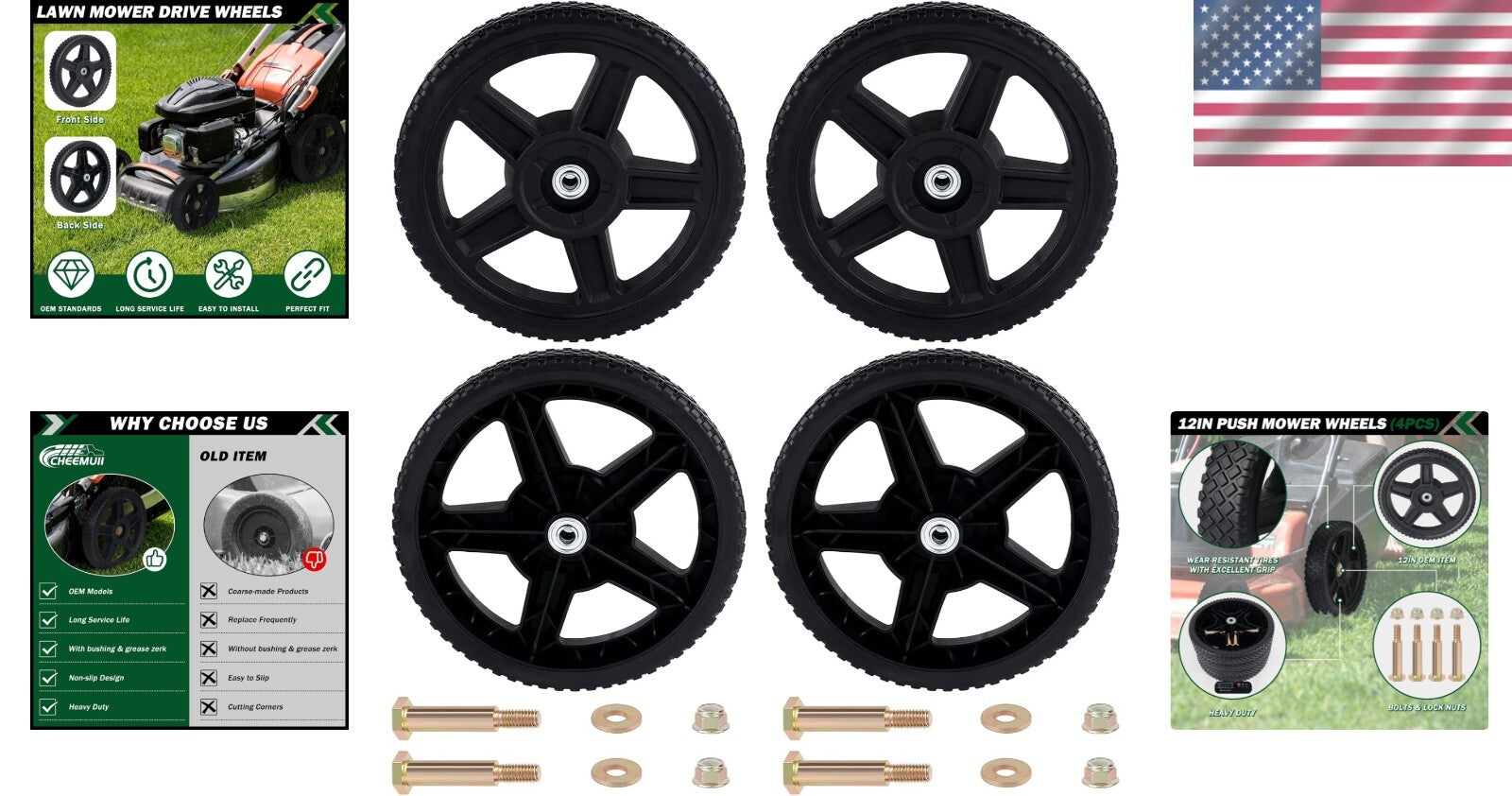 4 Pack 12-Inch Replacement Lawn Mower Wheels with Bolts & Lock Nuts - Easy Fit