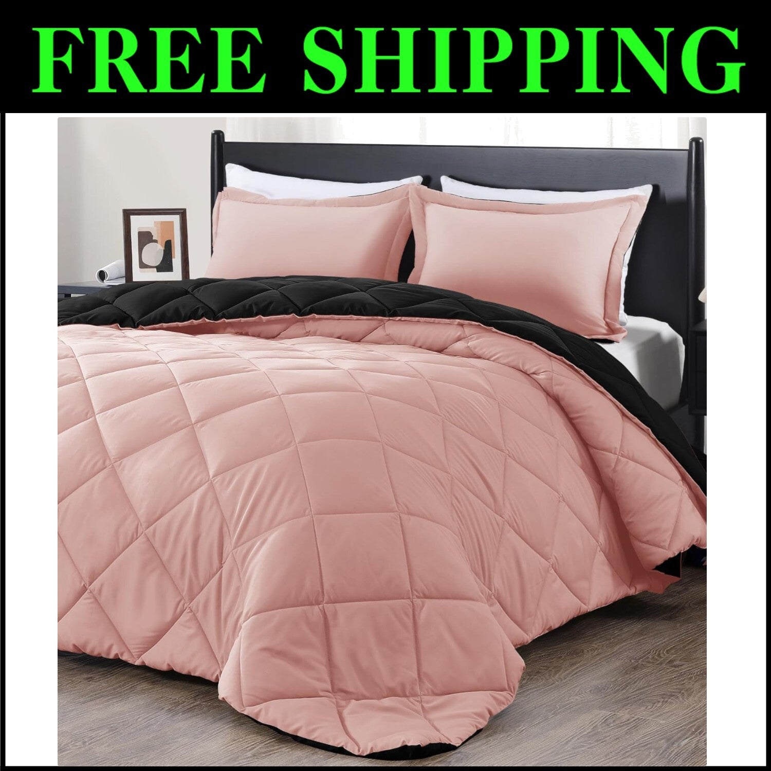 Stylish All-Season 3-Piece King Comforter Set - Pink & Black Reversible Design