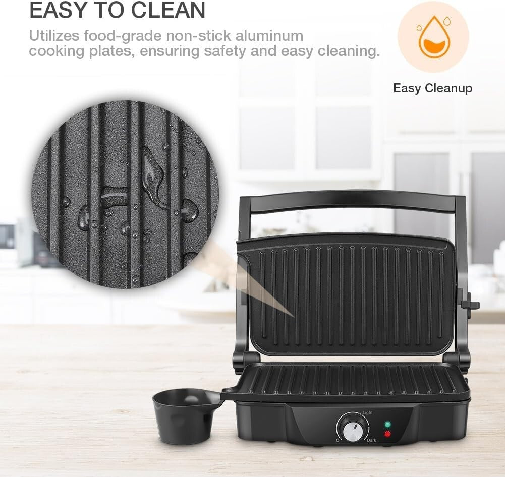 PFOA & BPA Free Panini Press - 2 Slice Non-Stick Electric Grill with Oil Cups