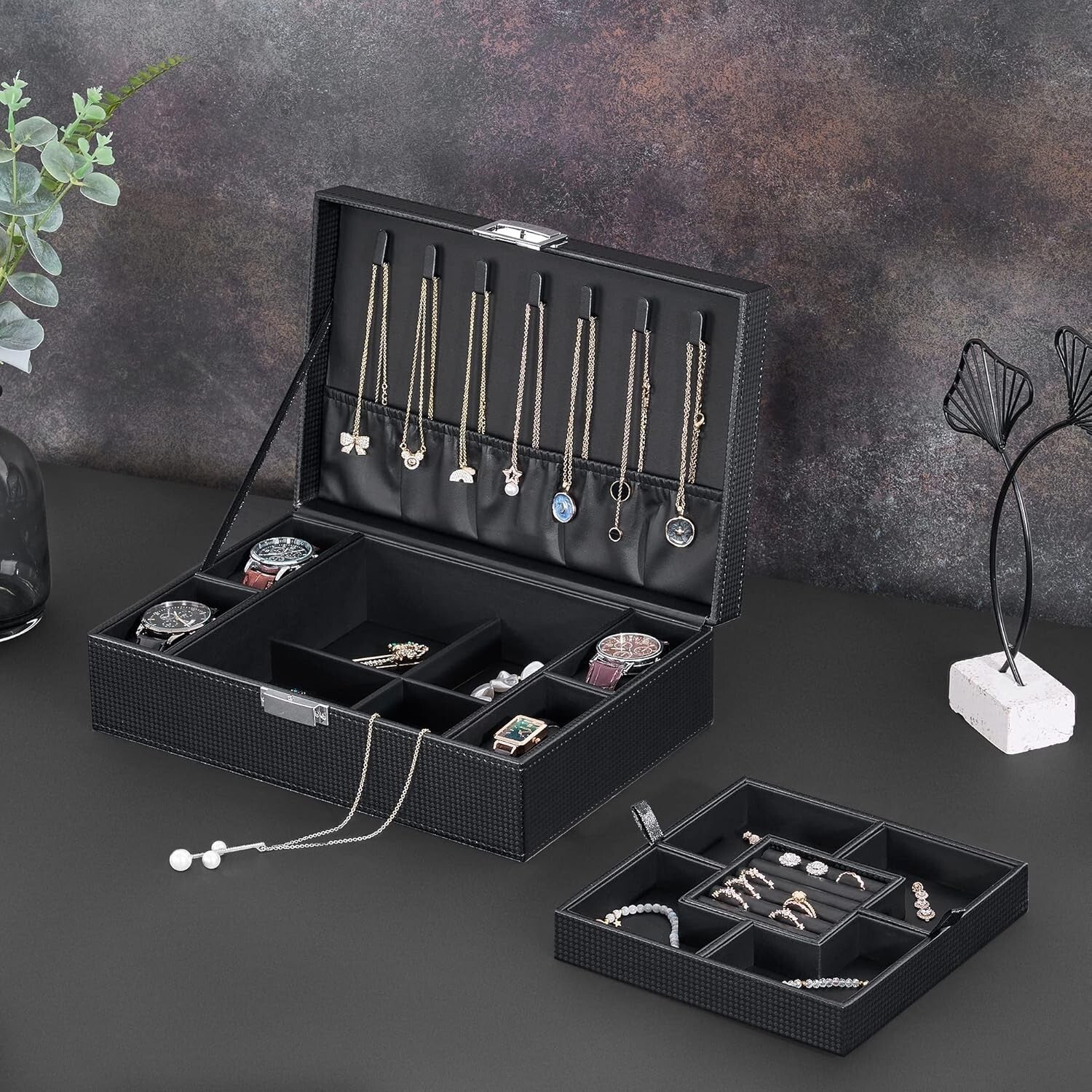 Luxury Jewelry Organizer for Men & Women with 4 Watch Cases – Ideal for Gifting