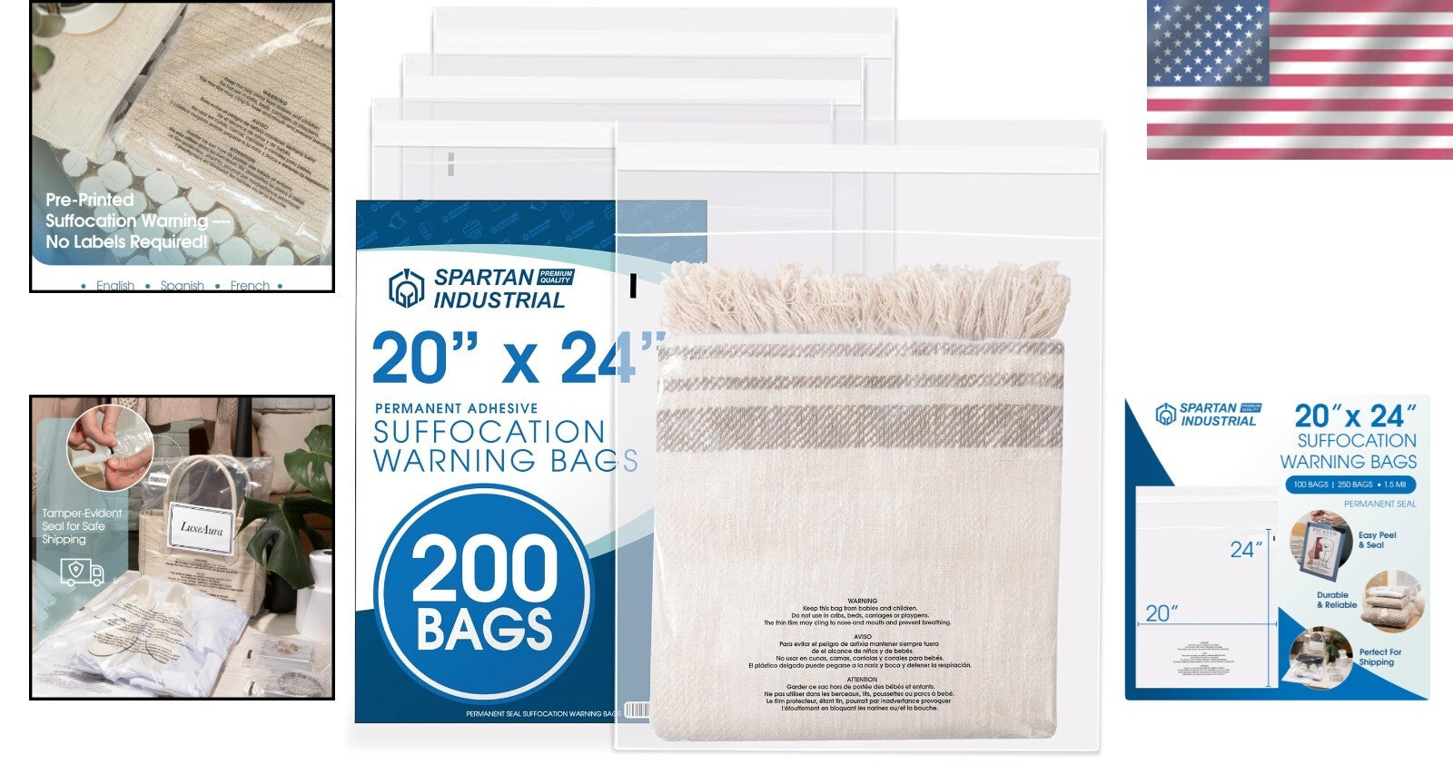 Versatile 20" x 24" Clear Packaging Bags - 200 Count with Adhesive Closure
