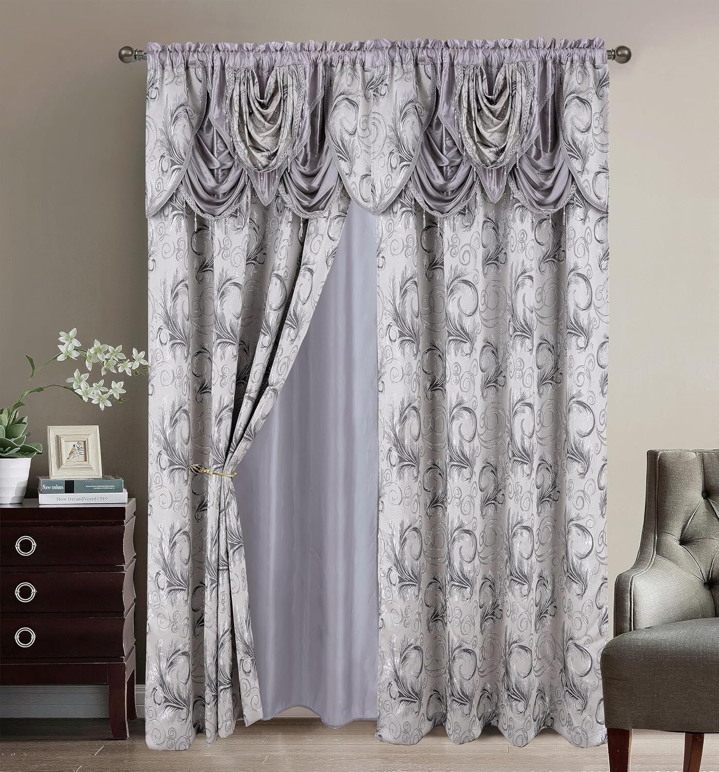 Sophisticated Embroidered Paisley Curtain Set with Valance - 54"x84" Silver Gray