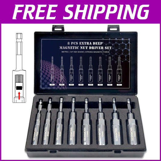 8 PCS Adjustable Deep Magnetic Nut Driver Set for Impact Drill - Metric Sizes