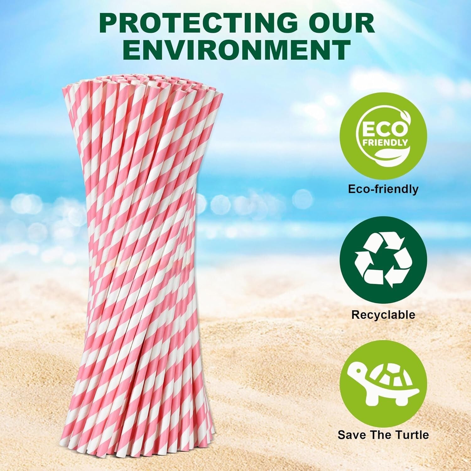 10.25" Pink & White Striped Disposable Paper Straws - 600 Count, Biodegradable
