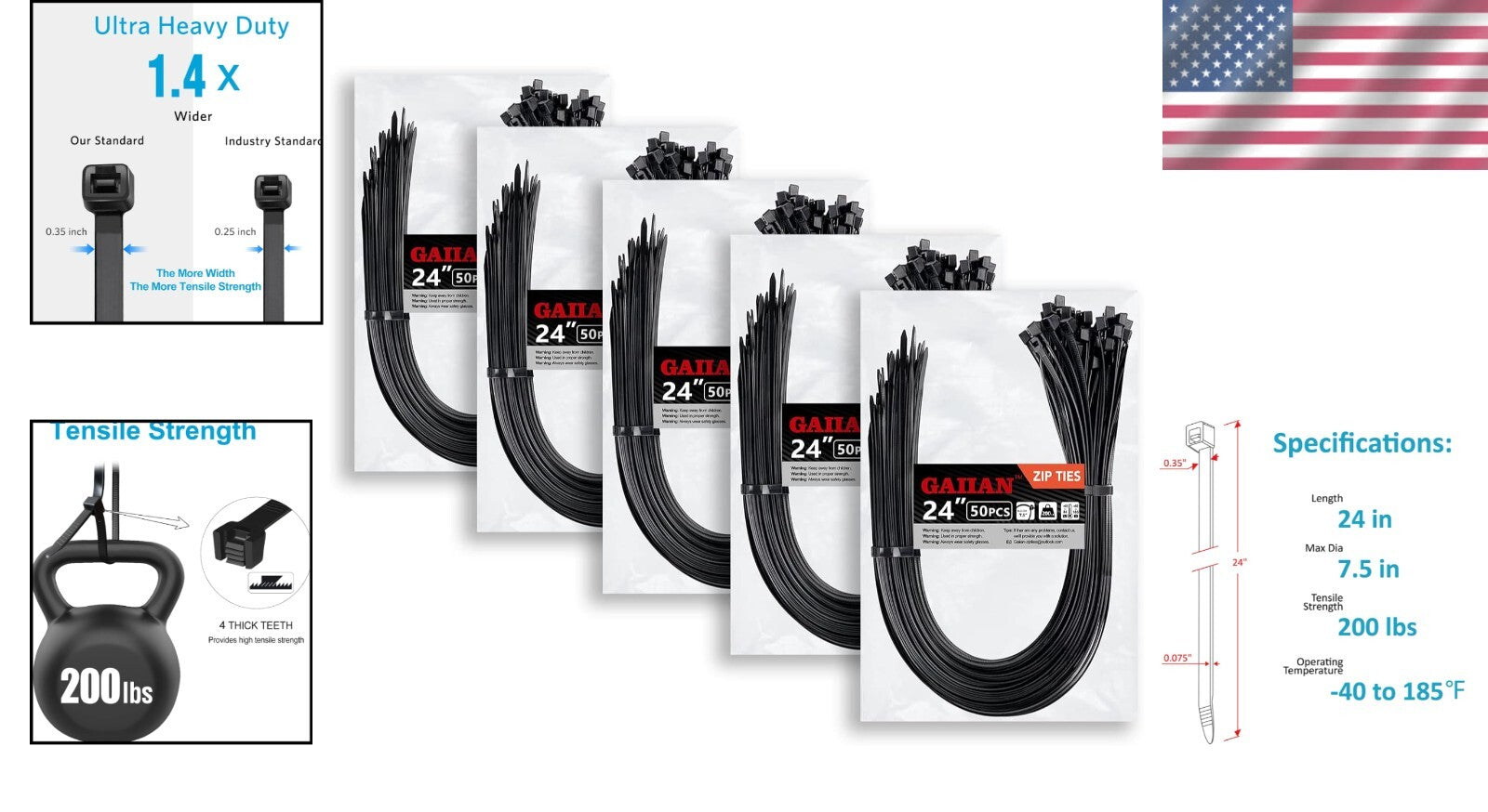 High-Strength 24 Inch Zip Ties, Black, 250 Pack - Perfect for Any Application