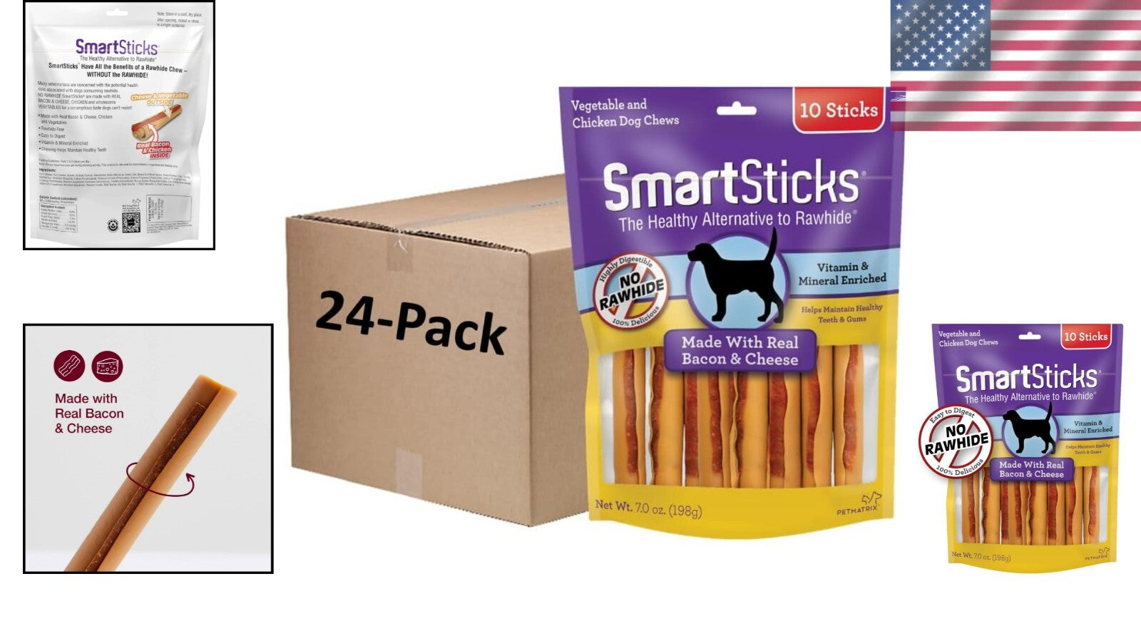 Tasty Rawhide-Free Dog Chews: Bacon & Cheese, Perfect for All Breeds, 24 Packs