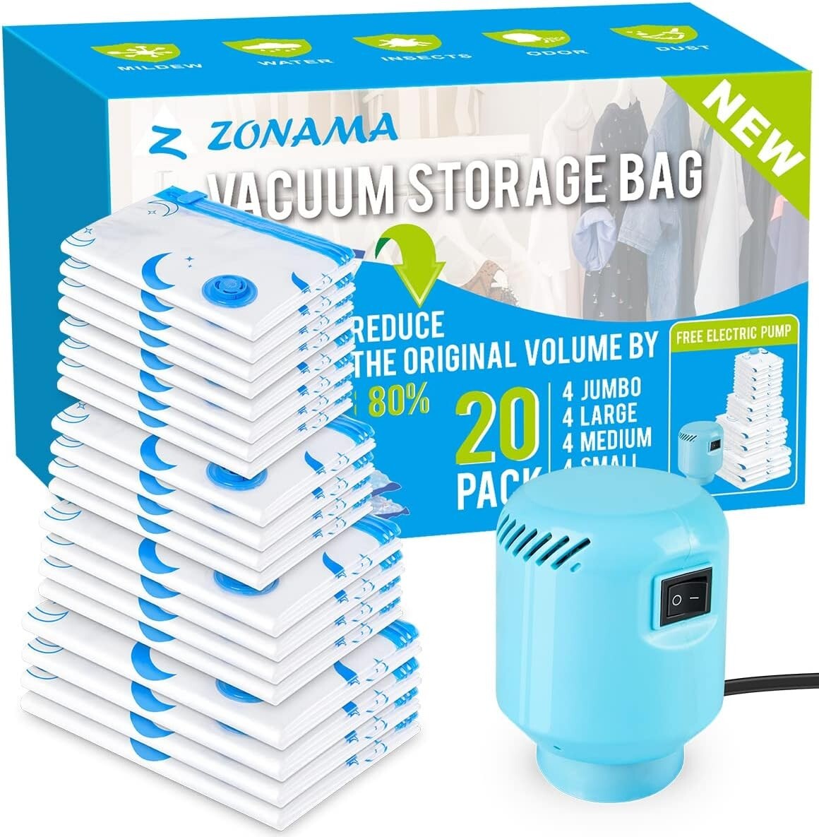 20 Pack Vacuum Storage Bags with Electric Pump - Space-Saving in Jumbo to Small