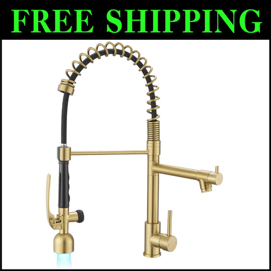 Single Handle Brushed Gold Kitchen Faucet with Temperature-Sensitive LED