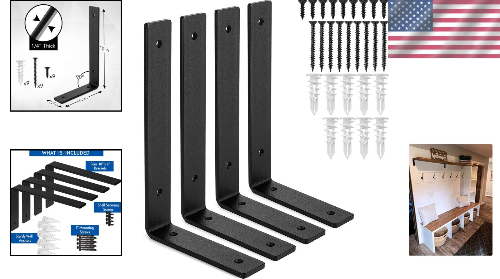 10" x 6" Matte Black Iron Shelf Brackets - 4-Pack for Industrial Style Shelving