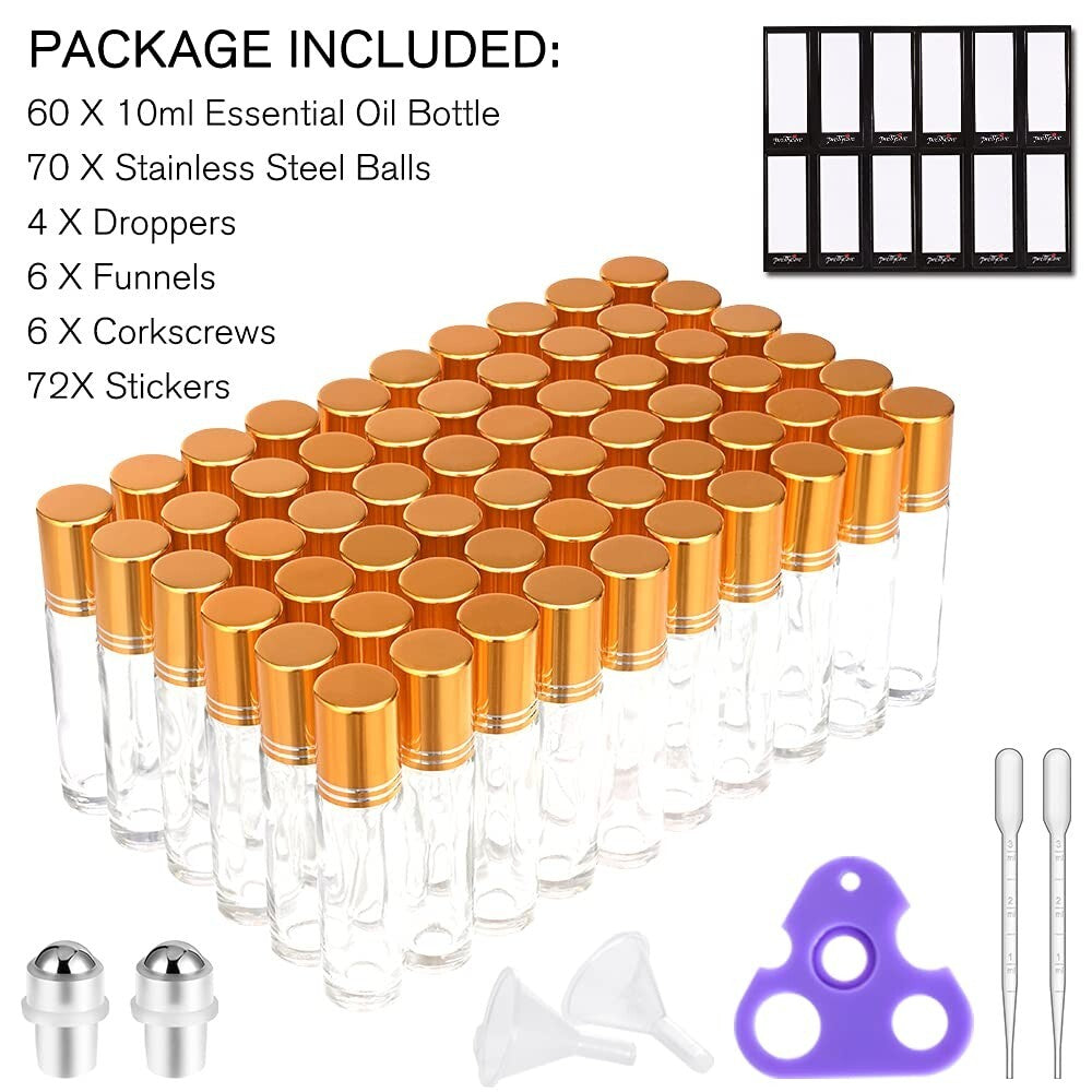 60 Pack Essential Oil Roller Bottles - 10ml Glass with Labels & Accessories