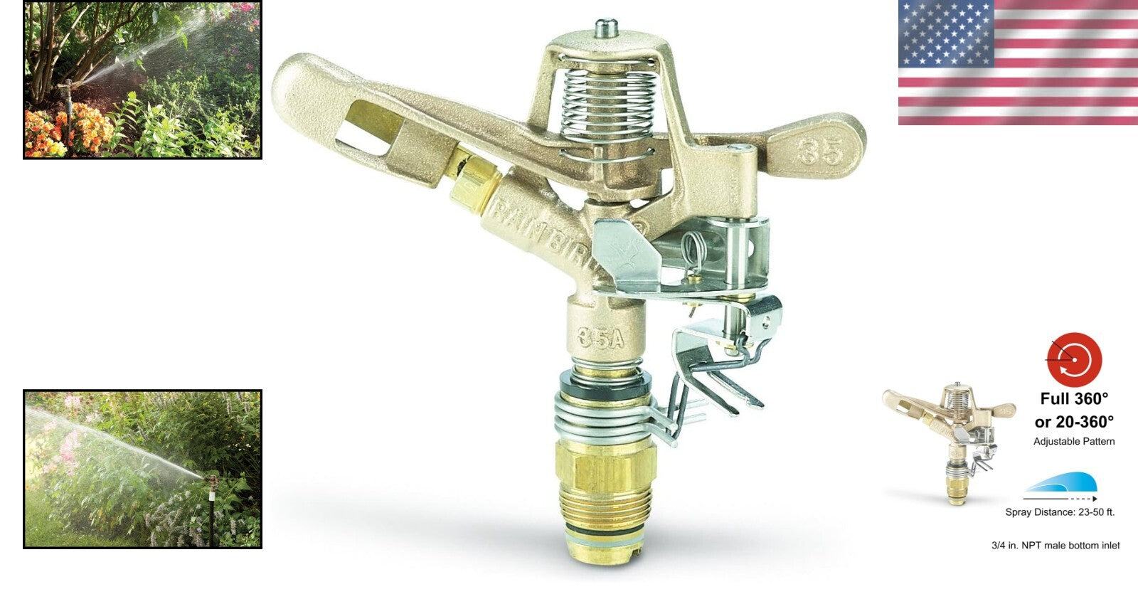 Adjustable Brass Impact Sprinkler with 23'-50' Distance and Grit-Proof Bearing