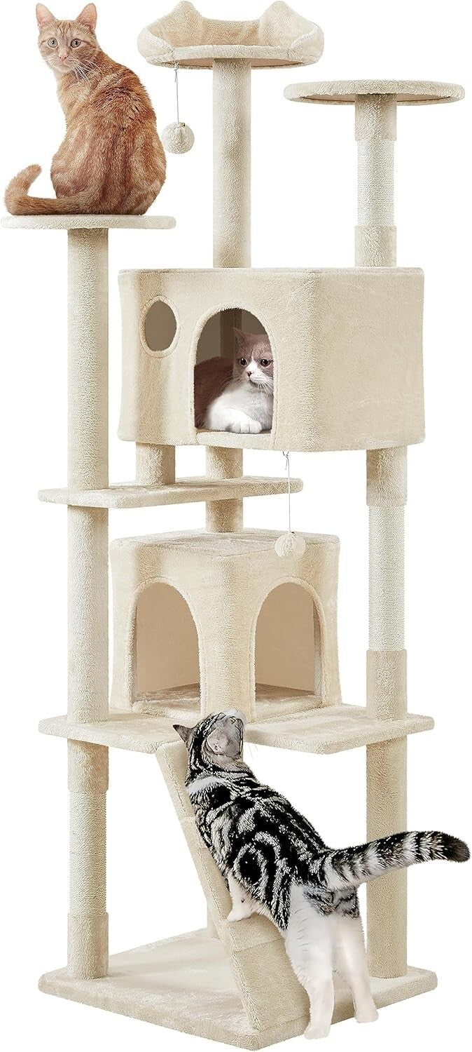 Spacious Cat Tree Tower with Cozy Condos & Platforms for All Cat Breeds - Beige