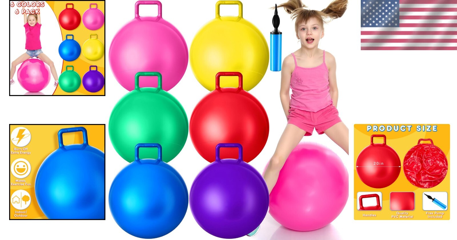6-Pack 20-Inch Inflatable Hopper Balls with Pump - Fun Family Outdoor Games