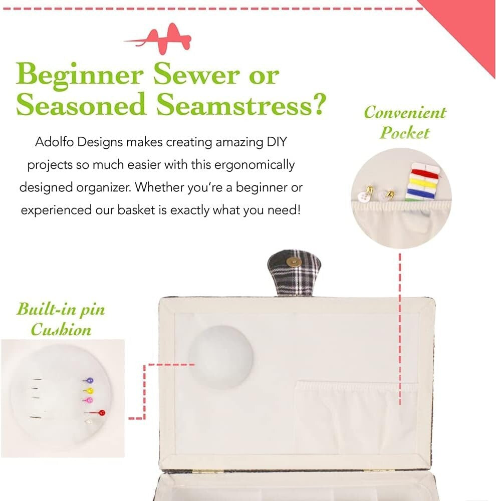 Classic Floral Sewing Basket - Lightweight Storage with Snap Closure & Tray