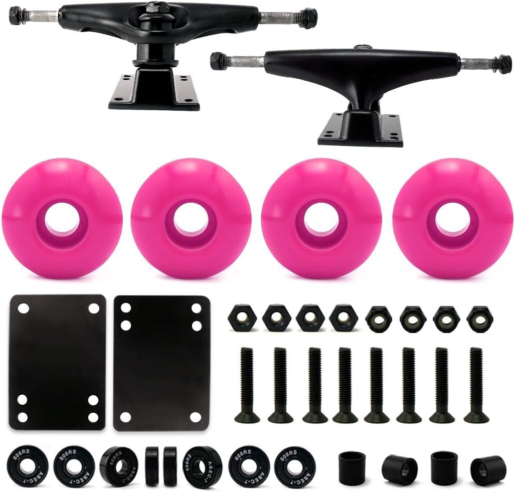 Complete 5.0 Skateboard Parts Kit: Trucks, 52mm Pink Wheels, ABEC 7 Bearings