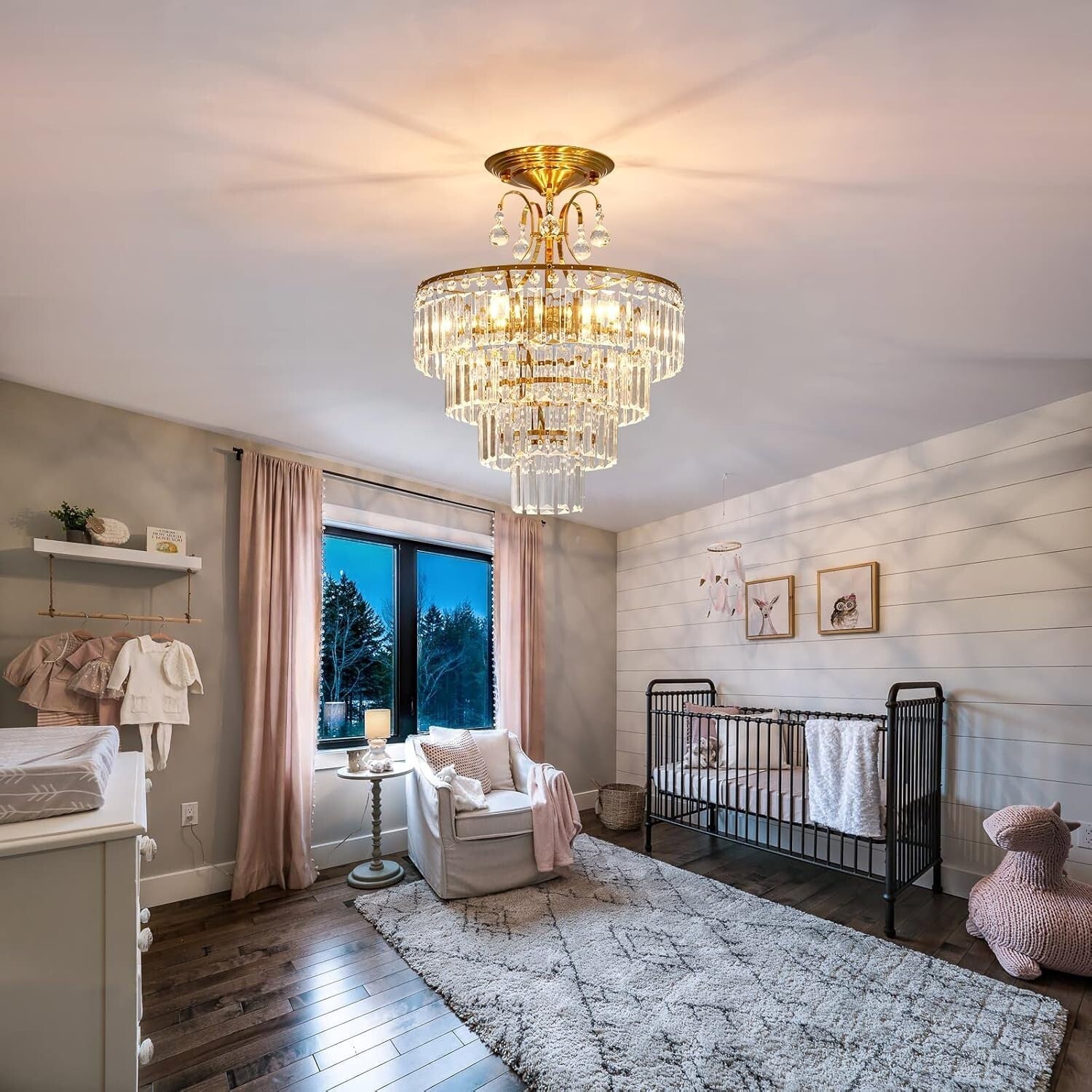 Chic Crystal Gold Semi Flush Mount Chandelier - Ideal for Living & Dining Rooms