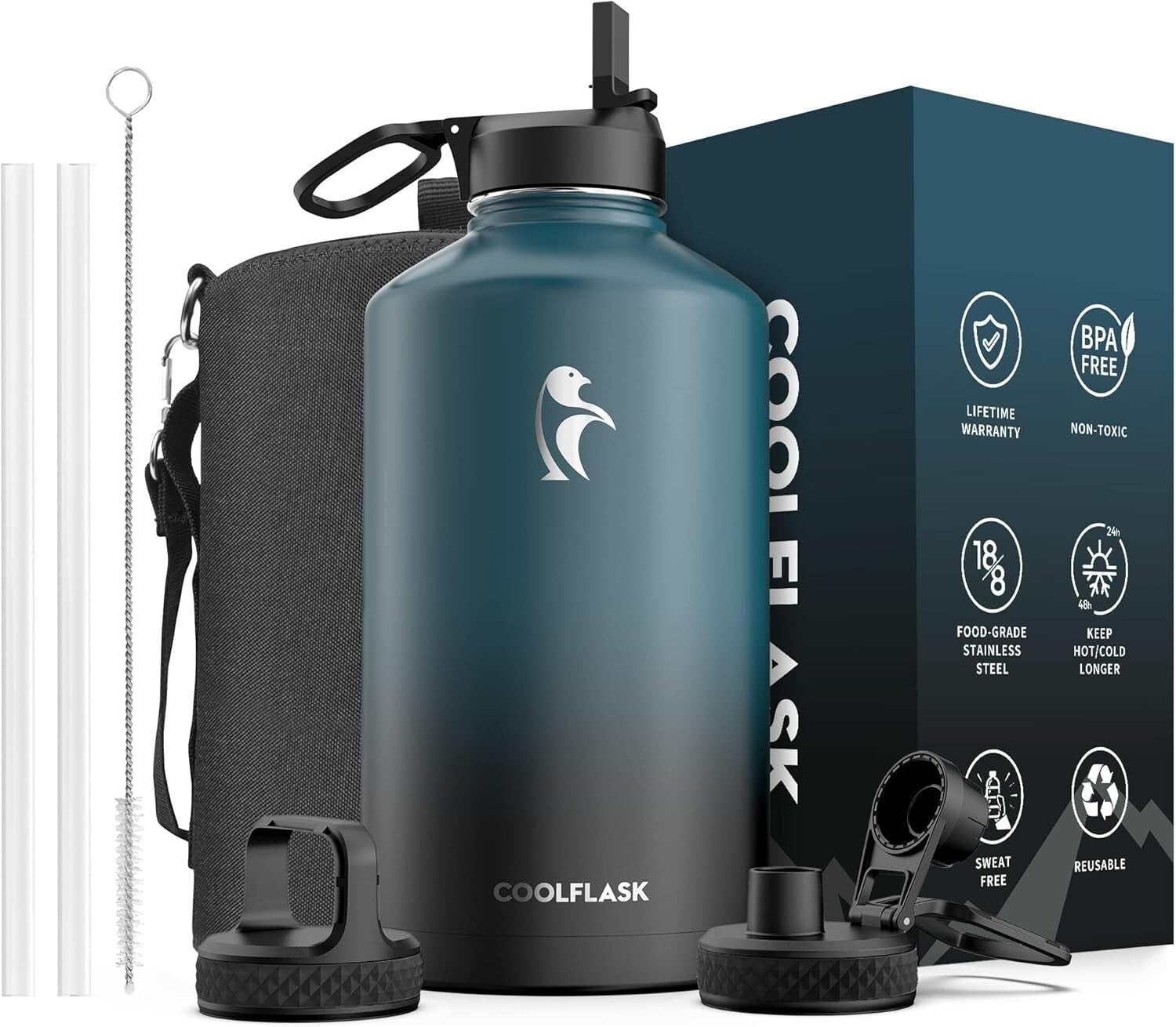 128 oz Stainless Steel Water Bottle - Travel-Ready with Flexible Drinking Lids