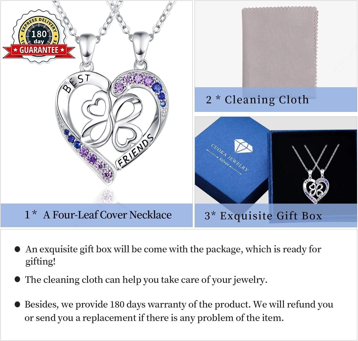 Charming Best Friend Necklaces in Sterling Silver with Heart and Gemstone Detail