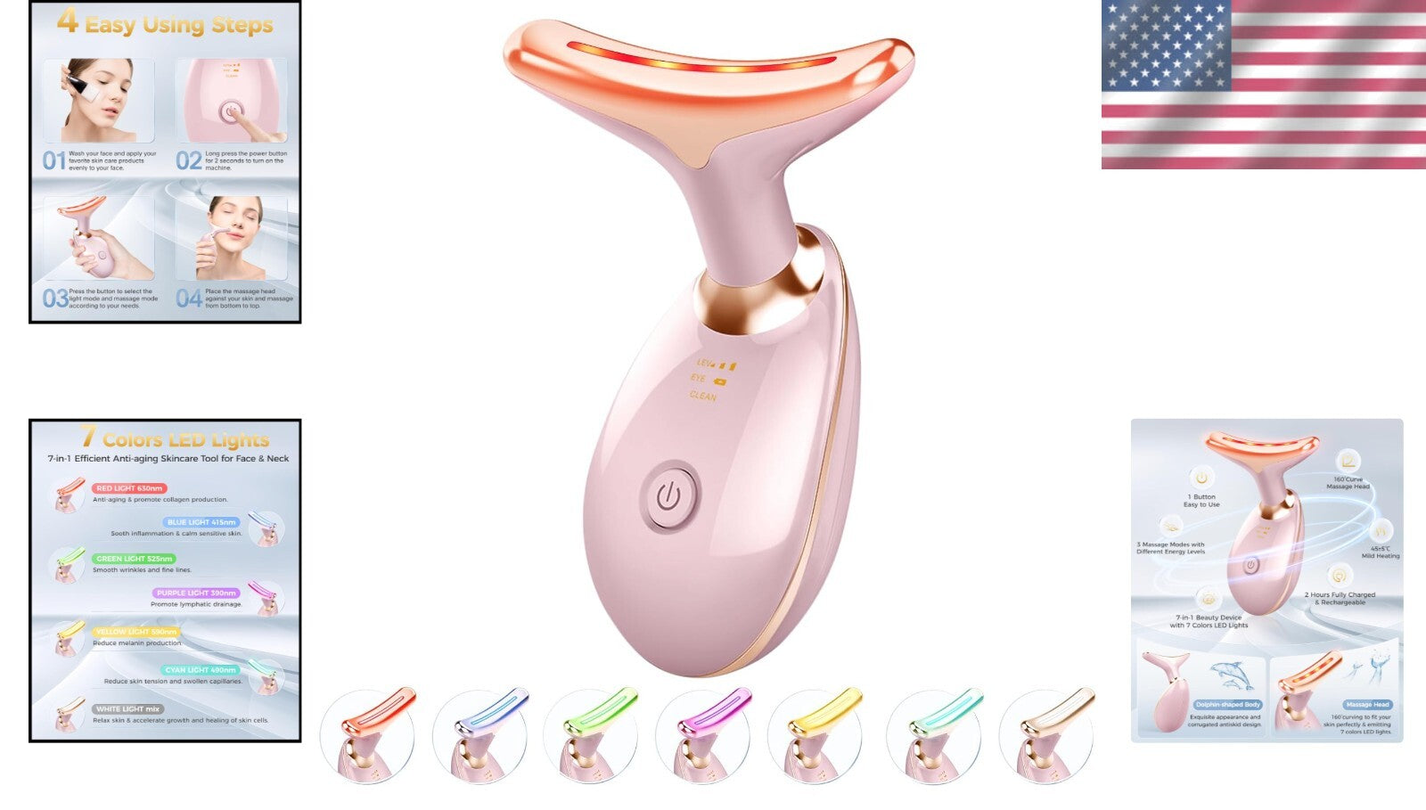 Multi-Functional Skin Care Device: Glossy Pink Face & Neck Massager with Heat