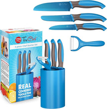 Load image into Gallery viewer, 5-Piece Kids Cooking Set: Safe Blue Knives, Peeler &amp; Holder for Young Chefs