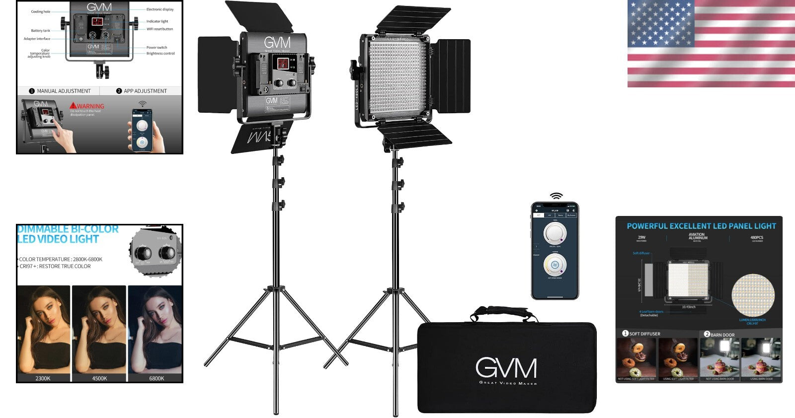 GVM 2 Pack Bi-Color LED Video Lighting Kit - APP Control & 10%-100% Brightness