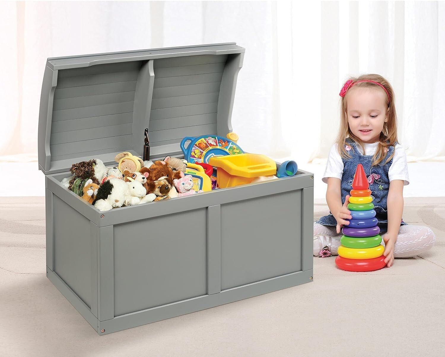 Elegant Gray Hardwood Toy Box with Support Hinge - Perfect for Kids Storage