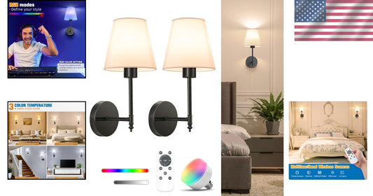 14.5" Wireless Battery Operated Wall Sconce Set of 2 - Dimmable & Remote Control