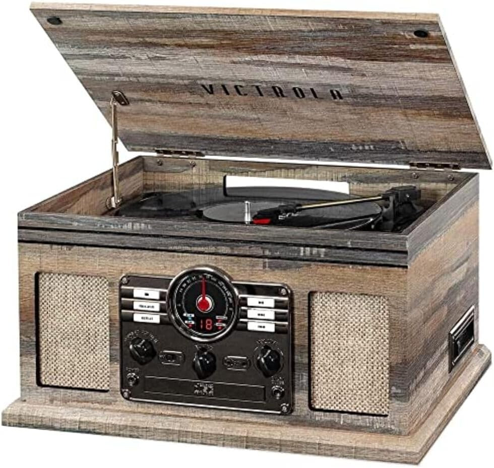 Nostalgic 6-in-1 Bluetooth Record Player with Built-In Speakers – Farmhouse Grey