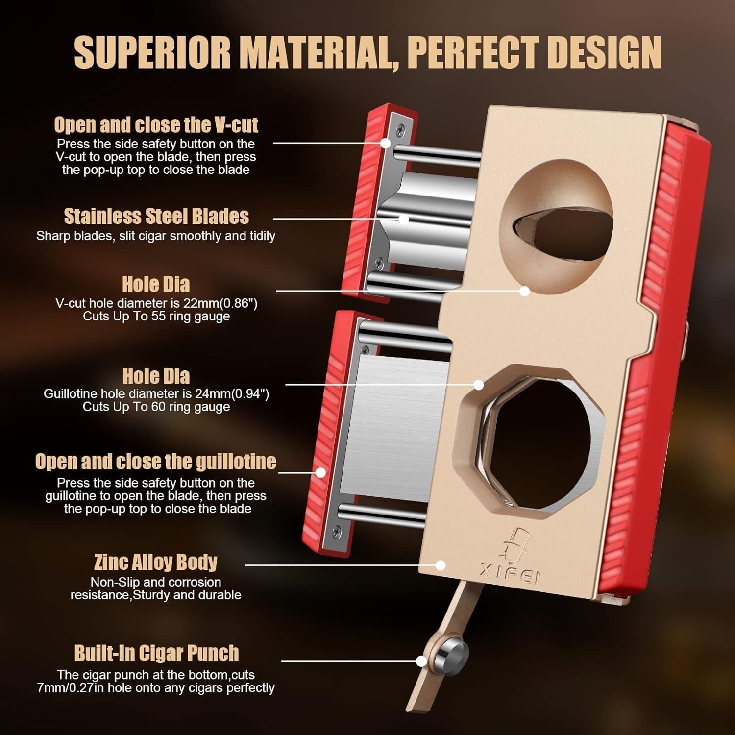 Ergonomic Cigar Cutter & Punch - Precision V-Cut & Straight Cut for Collectors