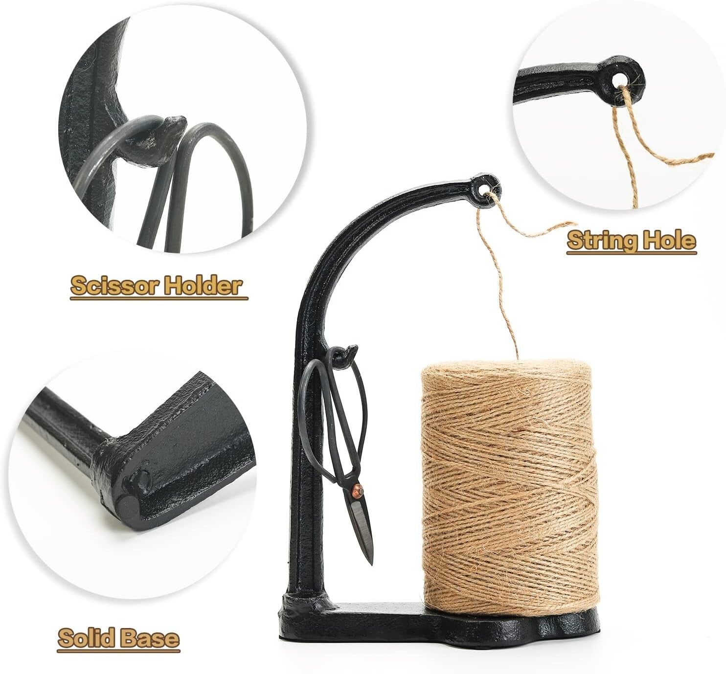 Elegant Cast Iron Twine Holder Set with 1300ft Natural Jute Twine & Scissors