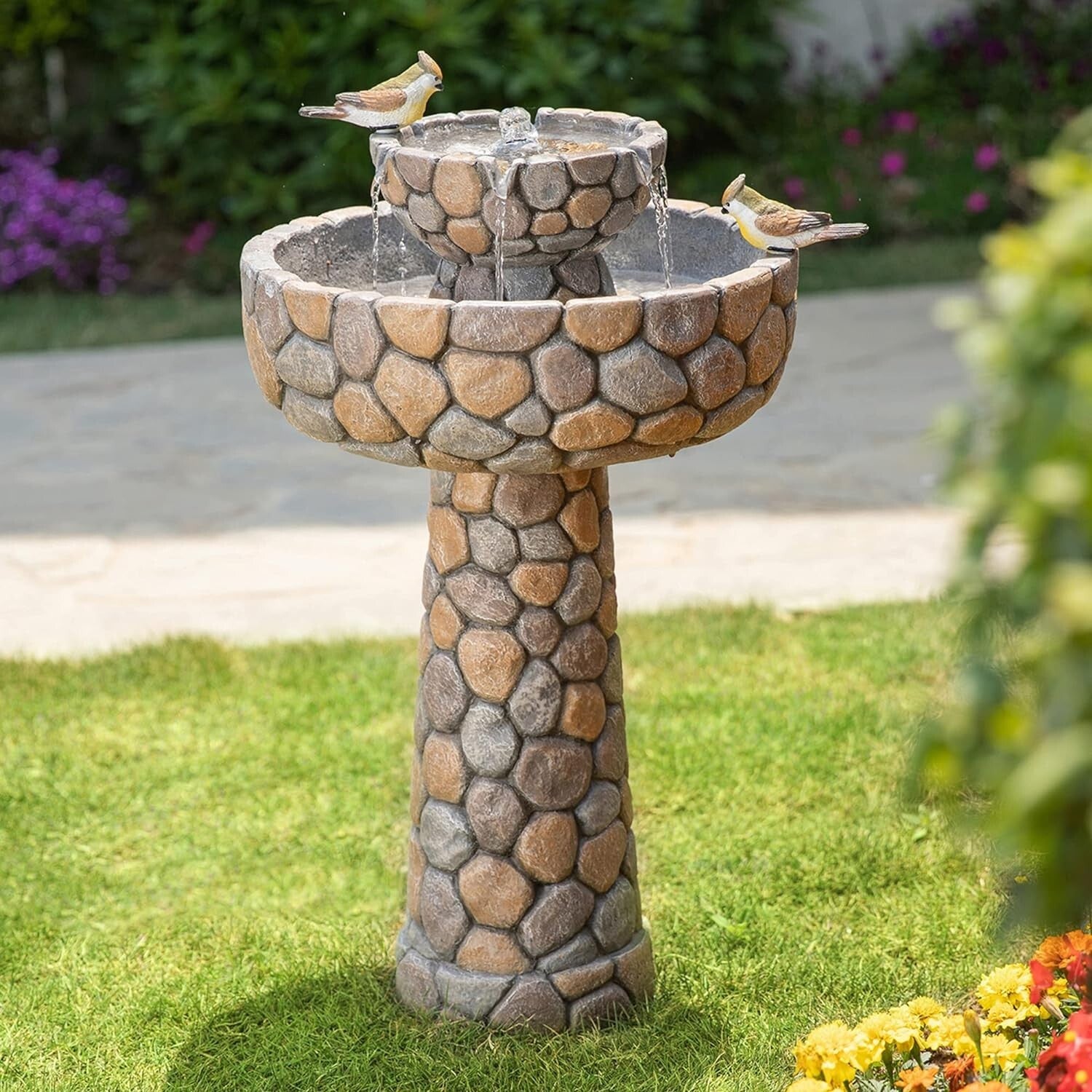 Lifelike Birds Decorated 2-Tier Faux Pebbles Fountain—Stylish Addition to Patios