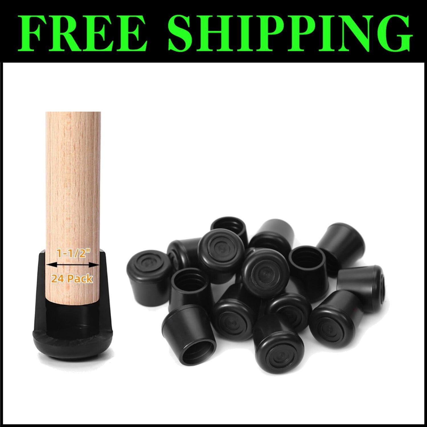 24 Pack of Round Black Chair Leg Tips - Floor Protectors for Noise & Scratches