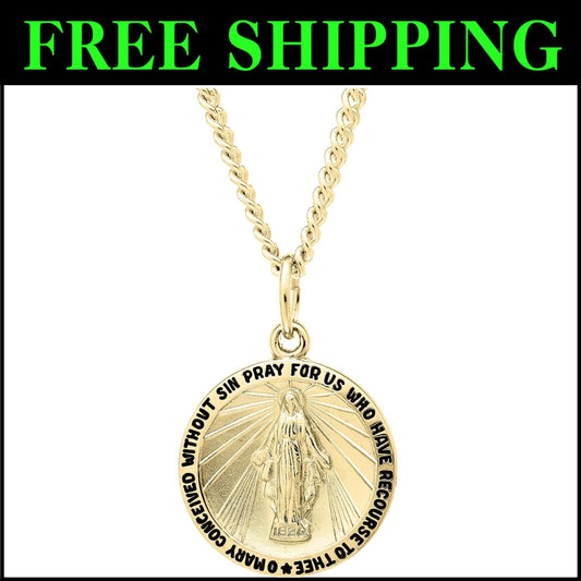 Elegant 14k Gold-Filled Round Madonna Pendant Necklace with 20" Stainless Chain