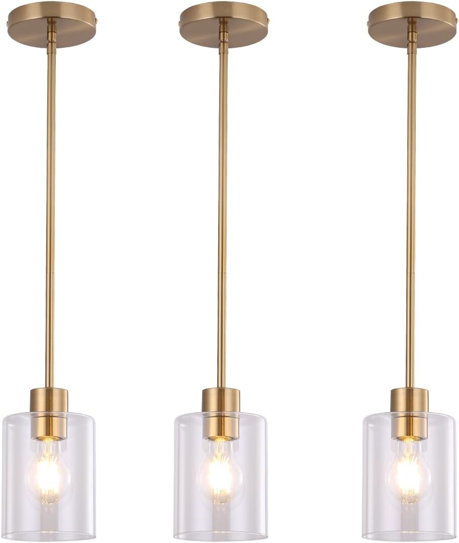 Height-Adjustable Brass Pendant Light Fixtures with Clear Glass Shade - 3 Units