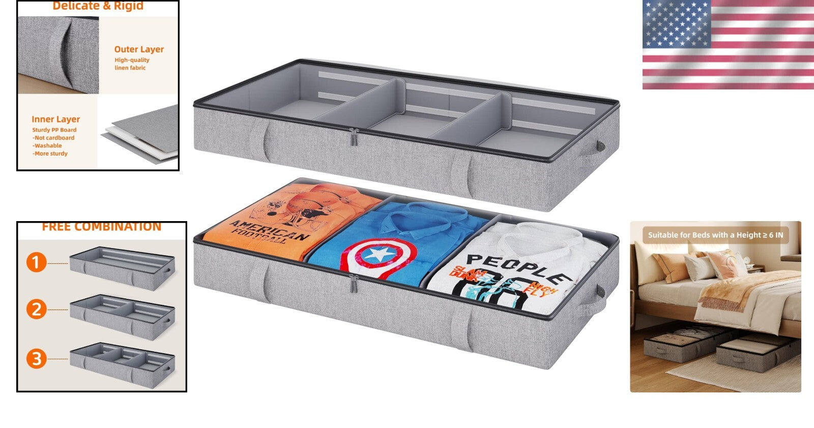 2 Pack Under Bed Storage Bins with Dividers – Stylish Grey Low Profile Solution