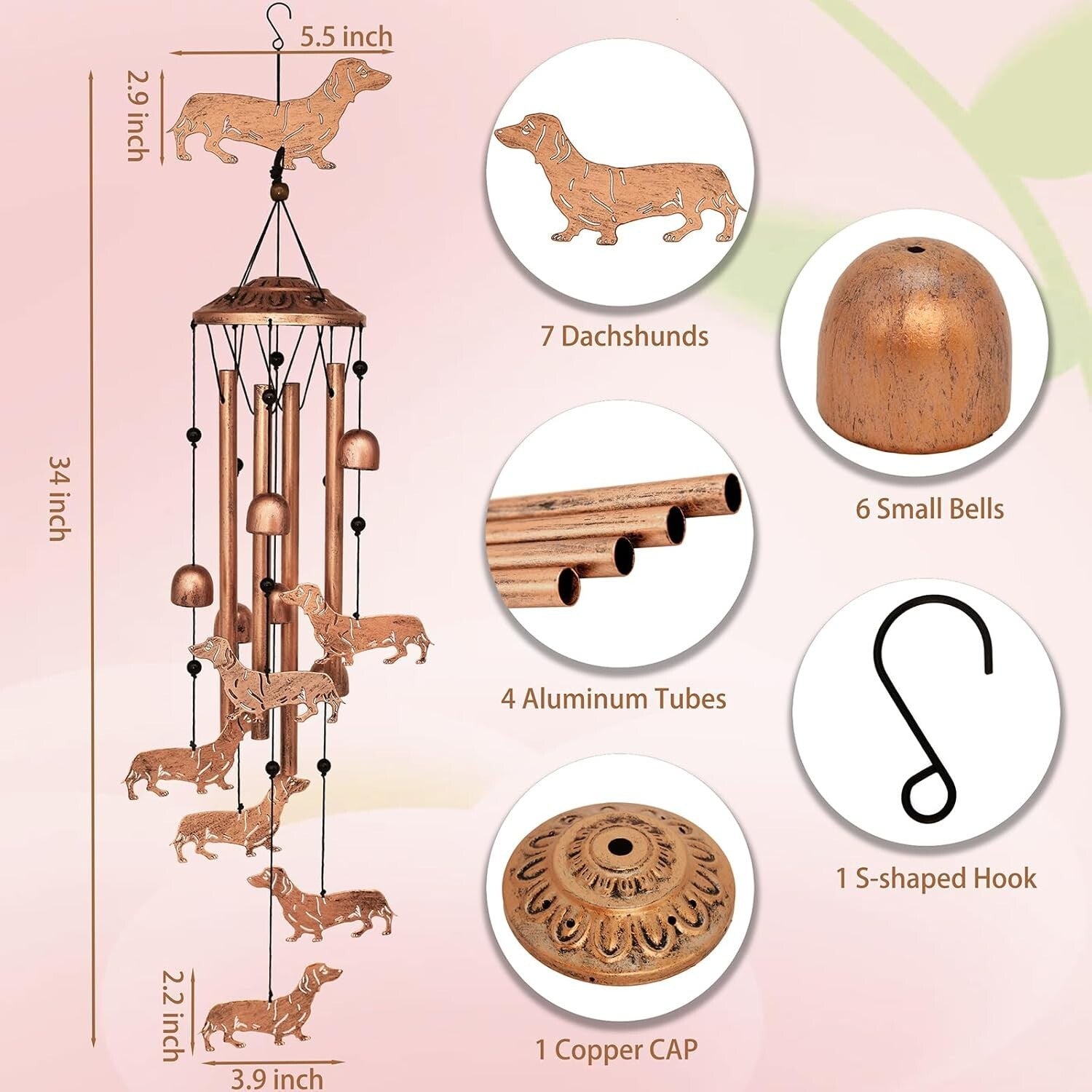 Weather-Resistant Dachshund Dog Wind Chimes - Adjustable Decor for Outdoors