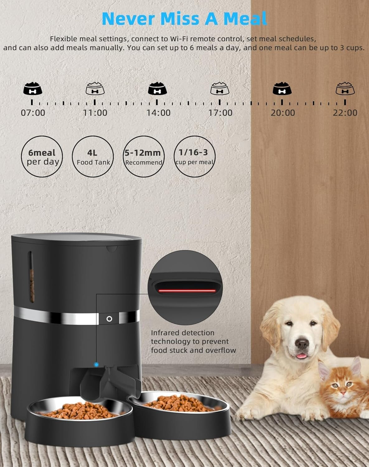 Smart Pet Feeder with 10s Voice Reminder & Flexible Meal Scheduling - Dual-Power