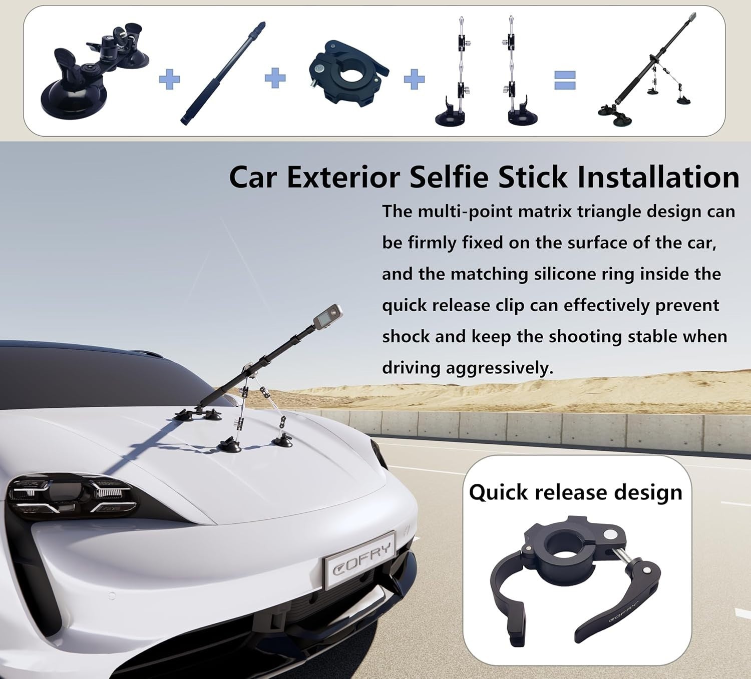 Aviation Grade Aluminum Car Mount with 44-Inch Selfie Stick for Action Cameras
