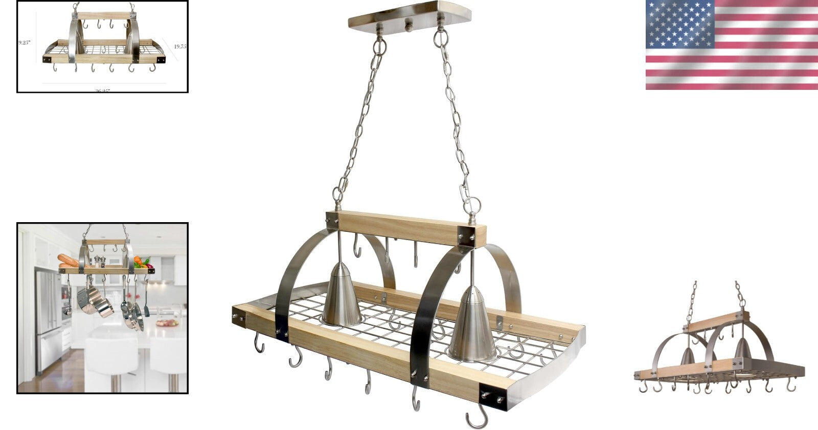 Elegant Ceiling-Mounted Wood Pot Rack with 2 Lights - Perfect Kitchen Organizer